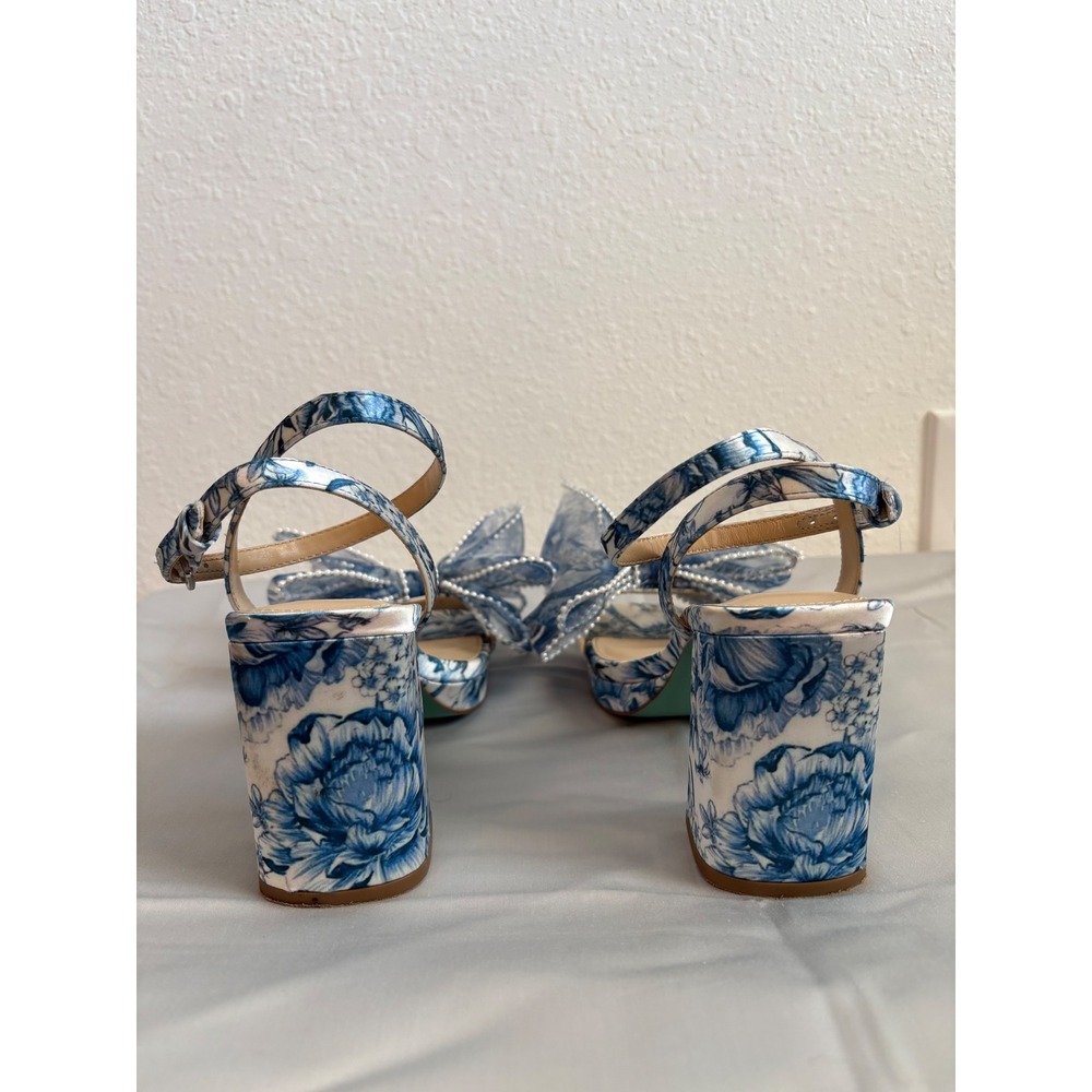 Betsey Johnson 7.5 SB-Duke platform block heels floral blue white open toe bow - Picture 4 of 12